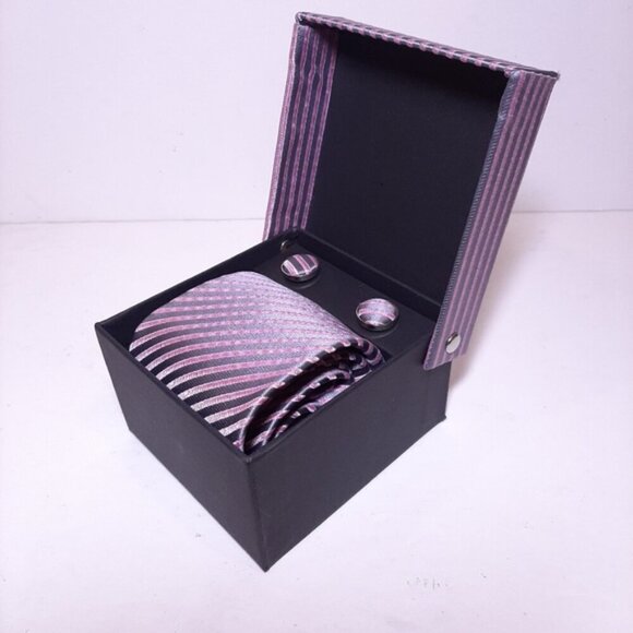 NEW 3 Pc Boxed Gift Tie Set Coordinated Print Cuff Links Pocket Square Pink Grey - Picture 4 of 7